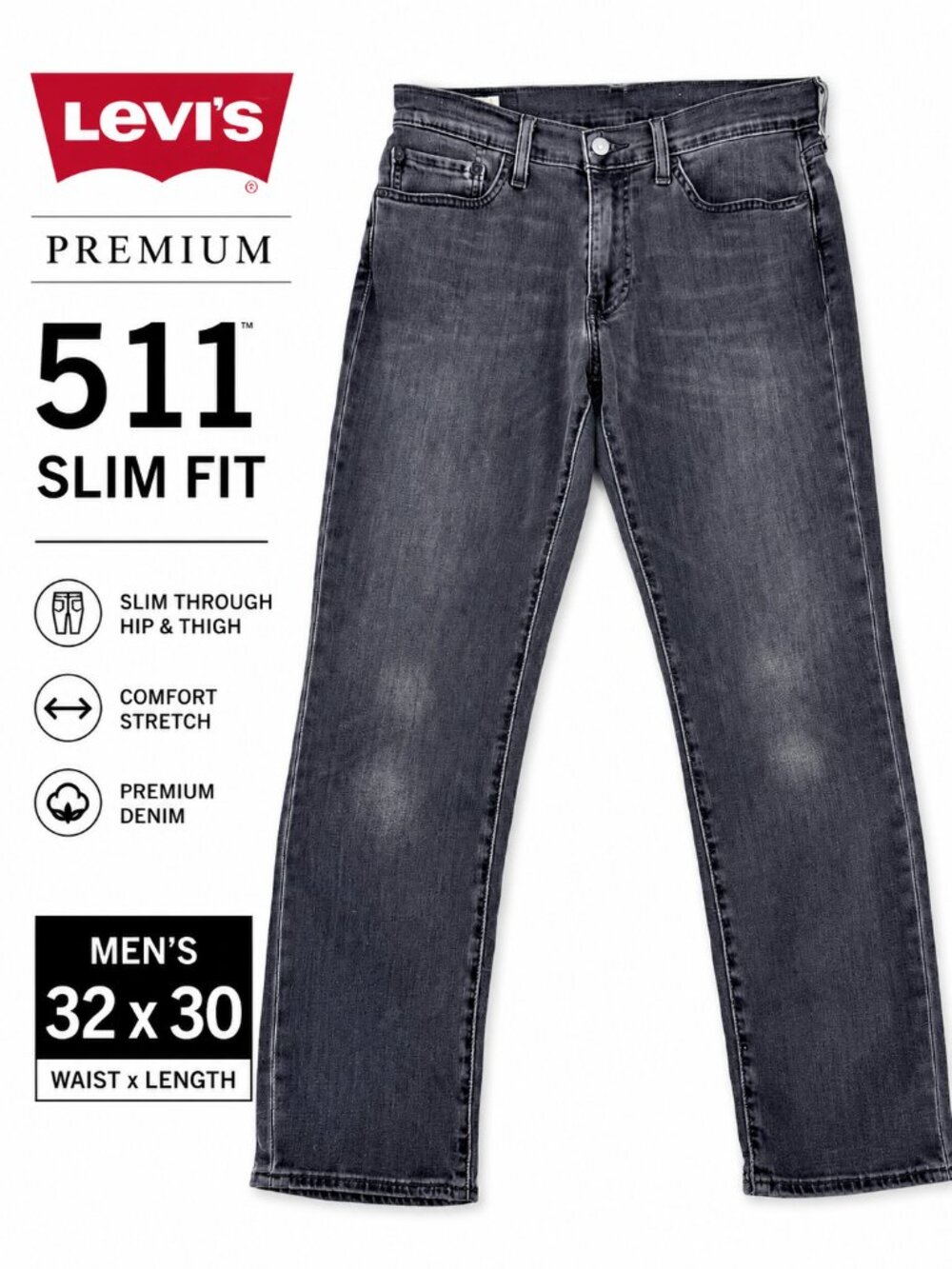 Levi’s 511 Premium Jeans 🔥 Gray Black Stretch Slim Fit 32x30